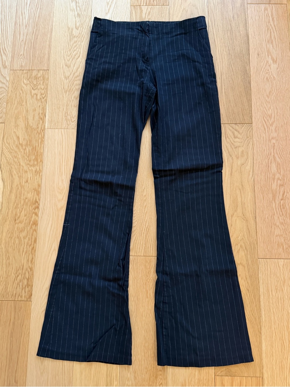 Tailored Stretch Pinstripe Flare Pants in Black